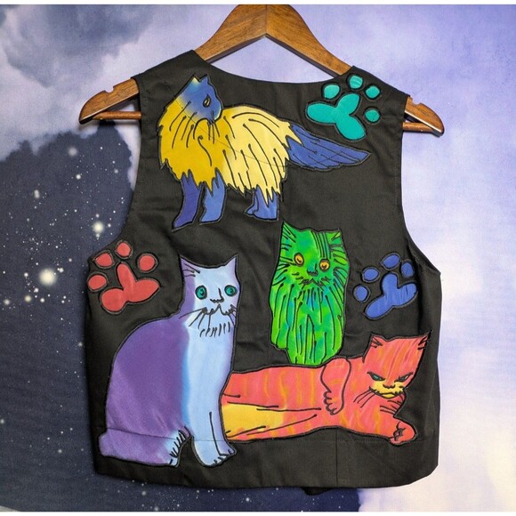 Vintage Silkscapes Cat Vest Black Silk Appliqué Whimsical Art to Wear Size S - Picture 4 of 10